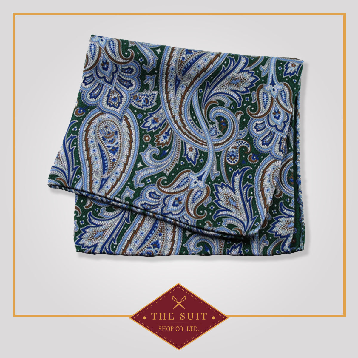 Gable Green Paisley Patterned Silk Pocket Square