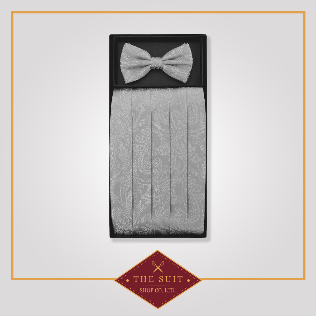 Cummerbund & Bow Tie SILVER GRAY PAISLEY Set