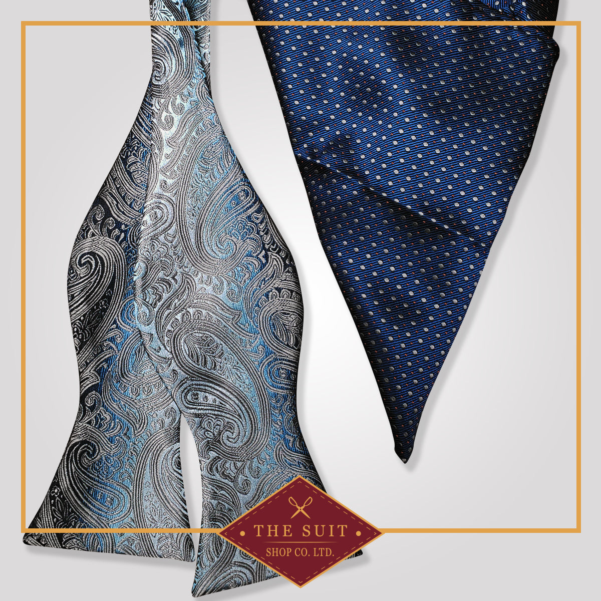 French Grey Bow Tie and Biscay Pin Dot Pocket Square