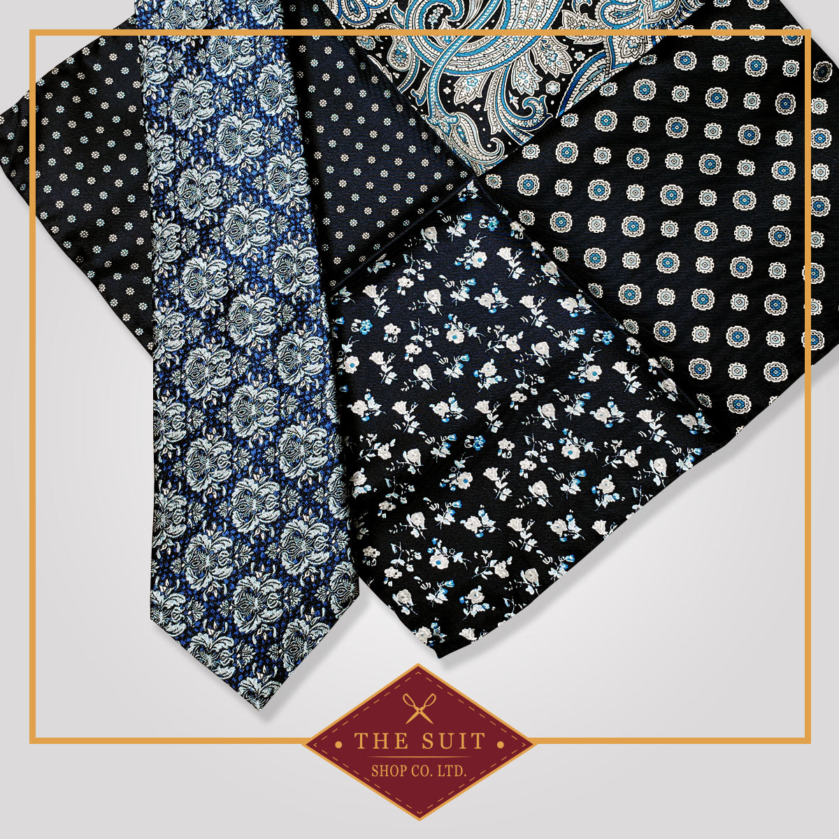 Catalina Blue Patterned Tie and Deep Cove Patterned Pocket Square