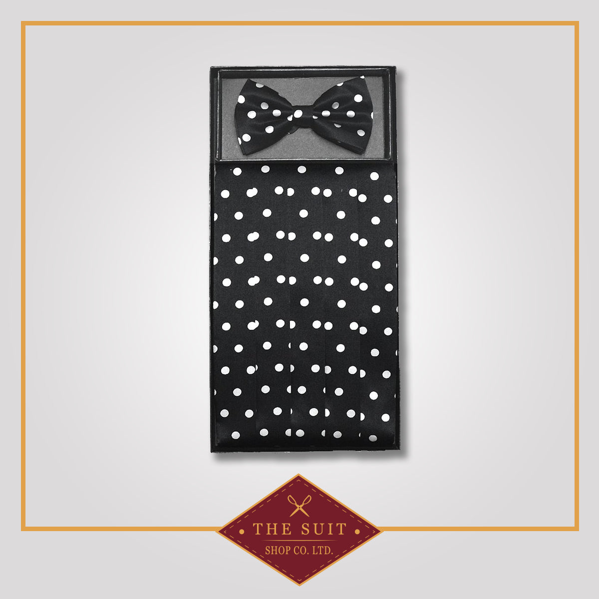 Cummerbund & Bow Tie BLACK w/ WHITE POLKA DOTS Set